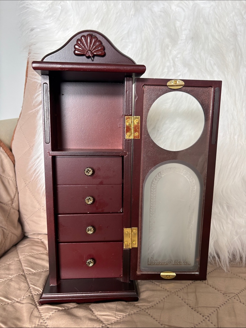 Vintage Mahogany Jewelry Box 13" Tall w/ Glass Door & 4 Drawers, JK China